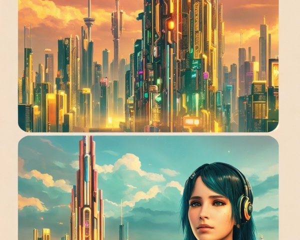 Futuristic cityscape with neon accents and teal-haired woman