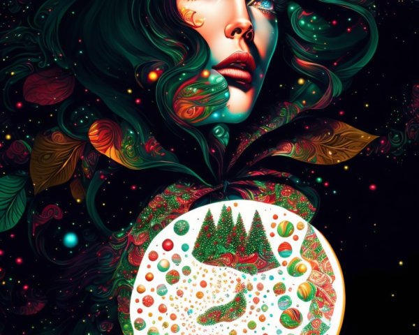 Ethereal Woman with Cosmic Backdrop and Dreamlike Landscape