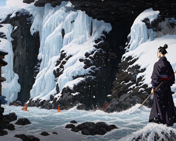 Traditional Kimono Figure by Icy River in Winter Landscape