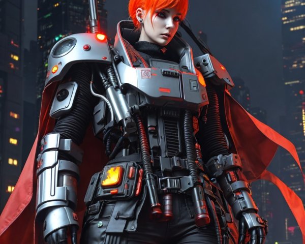 Futuristic Character in Armored Suit Against City Skyline