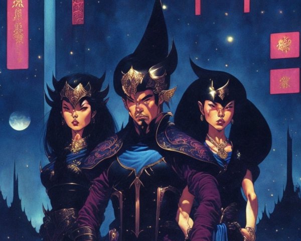 Dramatic Fantasy Scene with Armored Figures and Night Sky