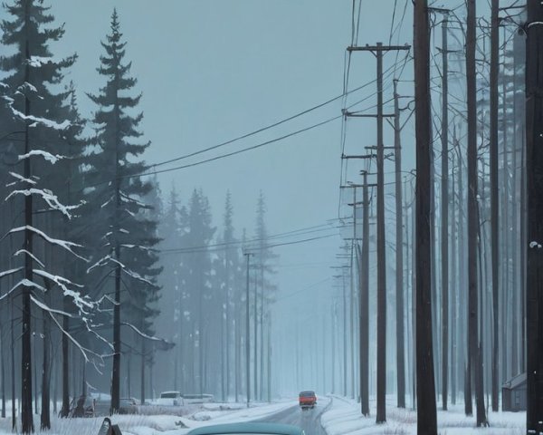Vintage Car on Snow-Covered Road in Winter Landscape