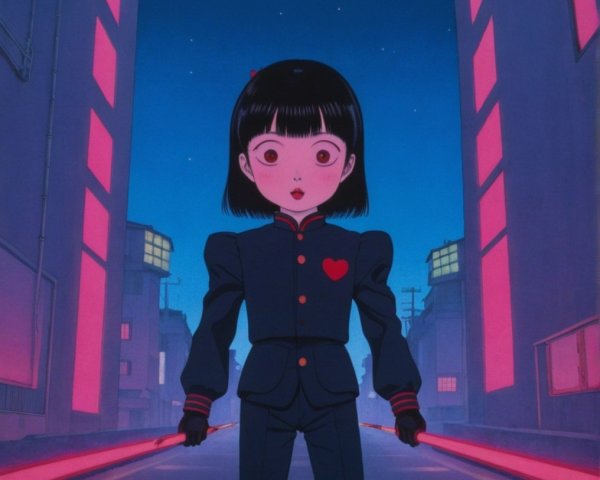 Young girl in futuristic city with glowing red blades