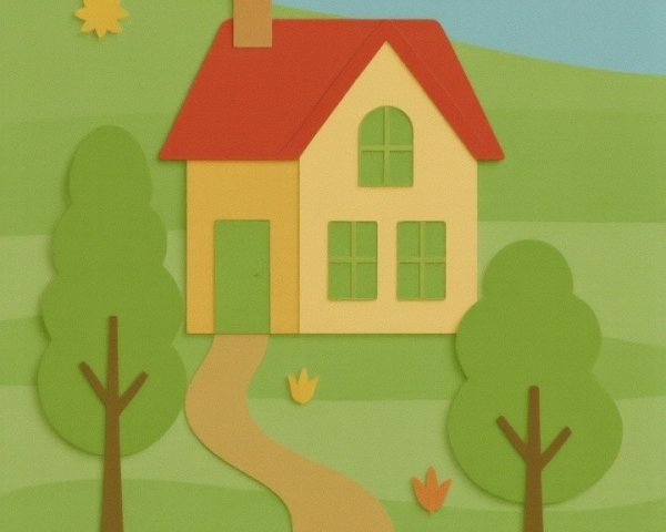 Colorful Illustration of a Yellow House in Nature