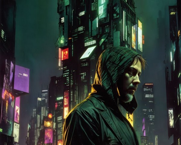 Futuristic cityscape with a solitary hooded figure