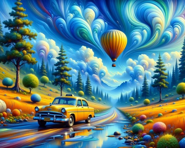 Vibrant Landscape with Yellow Taxi and Hot Air Balloon