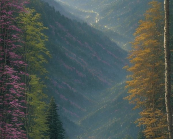 Serene valley with vibrant trees and elegant gathering