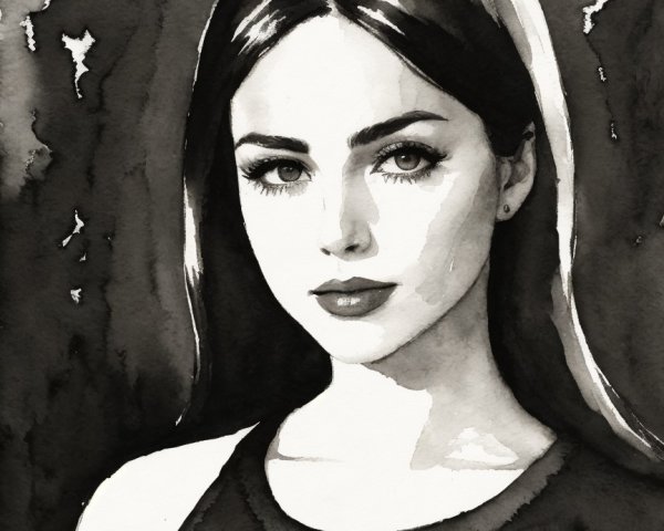 Grayscale Ink Wash Painting of a Woman with Dark Hair