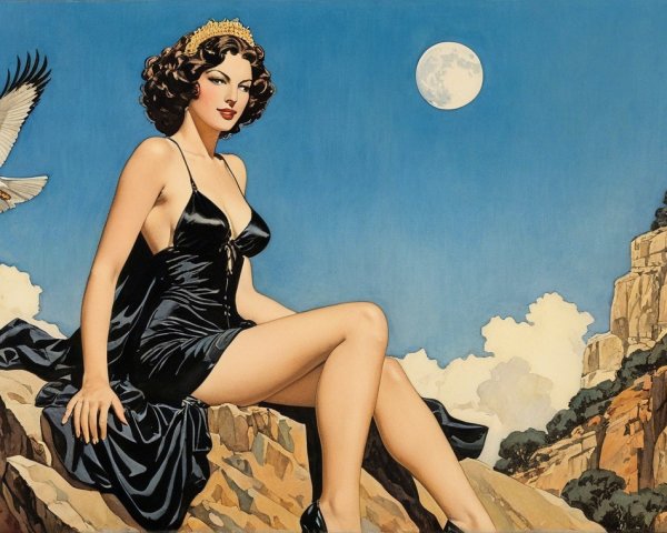 Glamorous Woman in Black Dress on Rocky Outcrop
