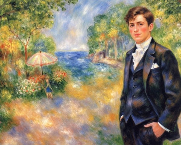 Young Man in Suit by Flower-Lined Path and Water