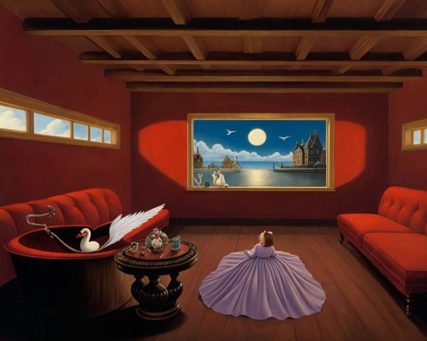 Child in Purple Dress in Cozy Room with Art and Swans