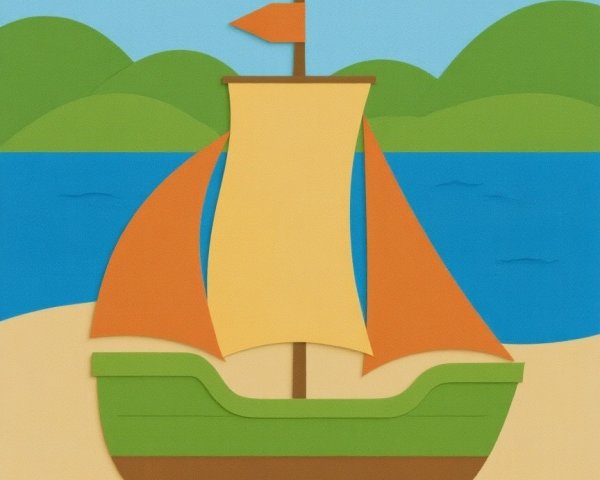 Colorful Paper Collage of Sailboat on Beach Scene