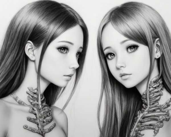 Ethereal Figures with Skeletal Motifs in Monochrome