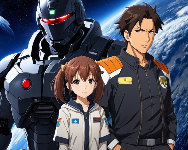 Young Girl and Pilot with Mech in Space Setting