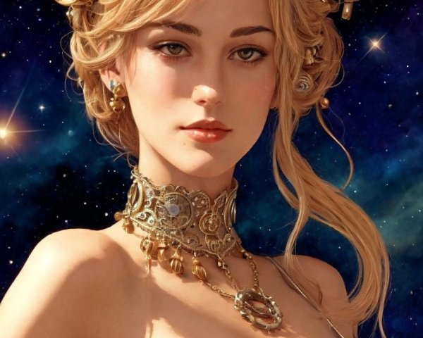 Ethereal Figure in Gold Outfit Against Cosmic Background