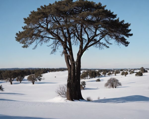 Ancient Tree in Snowy Field Under Bright Blue Sky