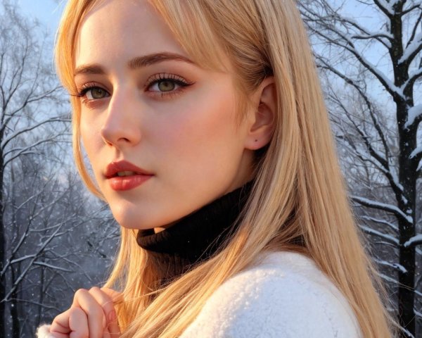 Young Woman in Winter Landscape with Cozy Attire