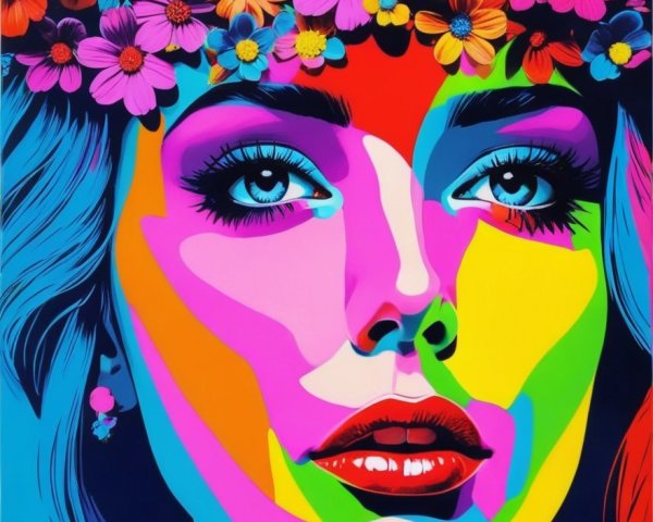 Vibrant Pop-Art Portrait of a Woman with Floral Crown