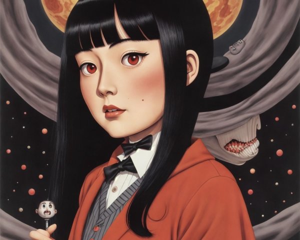 Digital painting of a young woman with black hair and red eyes