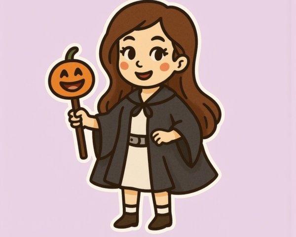 Cartoon Girl in Cape with Pumpkin Lollipop for Halloween