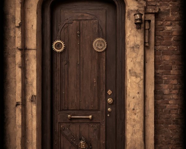 Aged Wooden Door with Rustic Details and Lantern