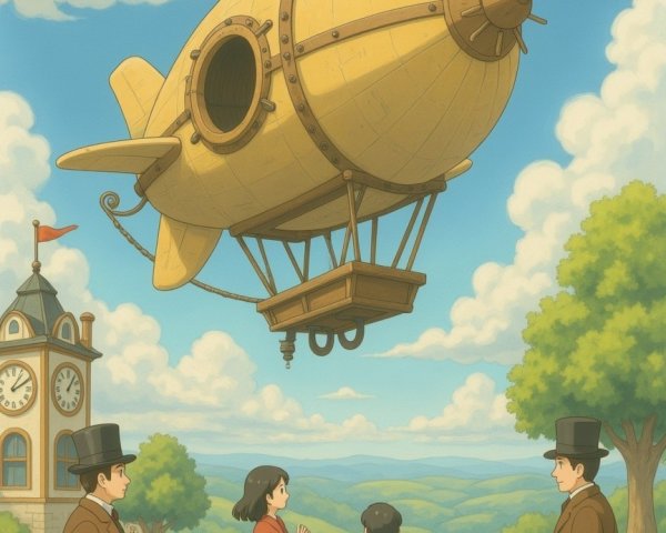 Vintage Airship Over Lush Hills with Joyful Girl
