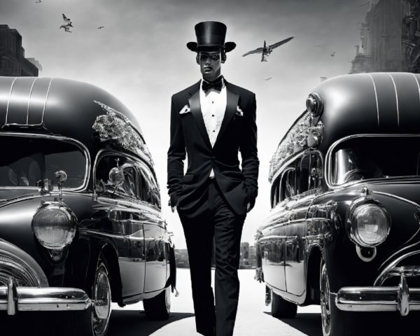 Elegant Man in Tuxedo in Dystopian Cityscape