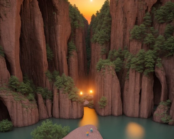 Sunset Over Towering Cliffs and Serene Water Body