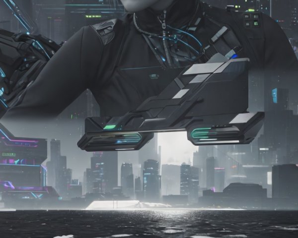 Futuristic woman in high-collared jacket in aircraft