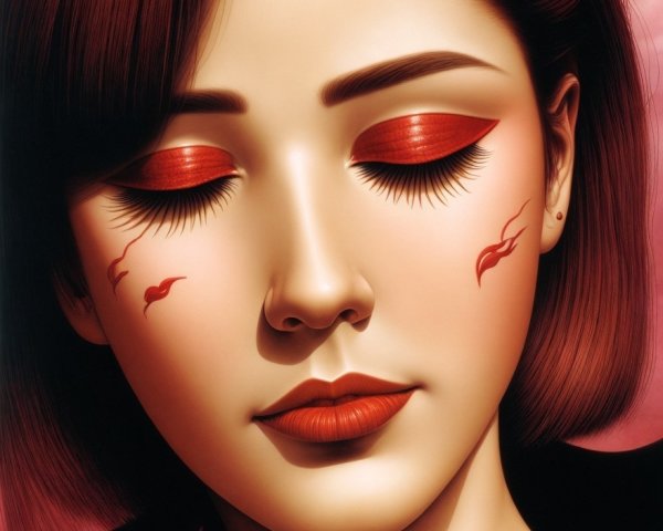 Close-Up Portrait of Woman with Red Makeup and Floral Accents