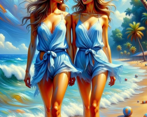 Two women in blue outfits on a vibrant beach scene
