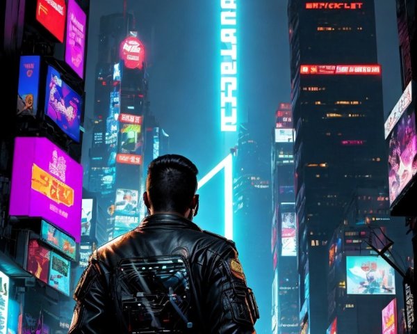 Cyberpunk Cityscape with Neon Lights and Skyscrapers