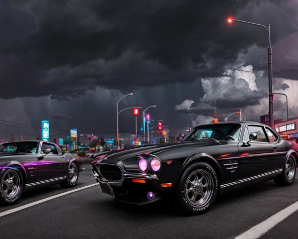 Sleek Black Sports Cars Under Ominous Sky and Neon Lights