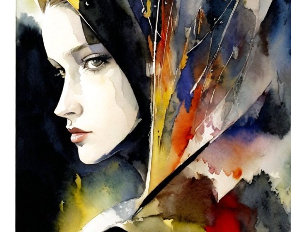 Watercolor Portrait of Young Woman in Vibrant Hood