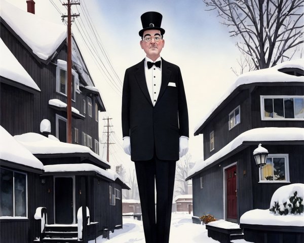 Man in Black Suit and Top Hat in Snowy Town Scene