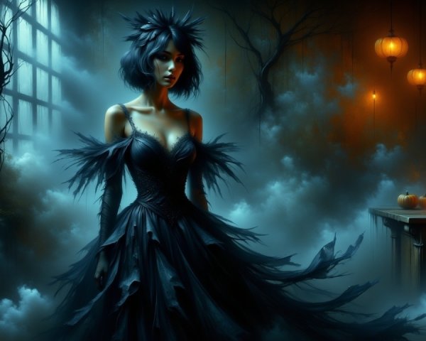 Mysterious Figure in Dimly Lit Room with Fog and Lanterns