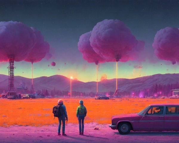 Surreal Landscape with Astronauts and Vintage Car