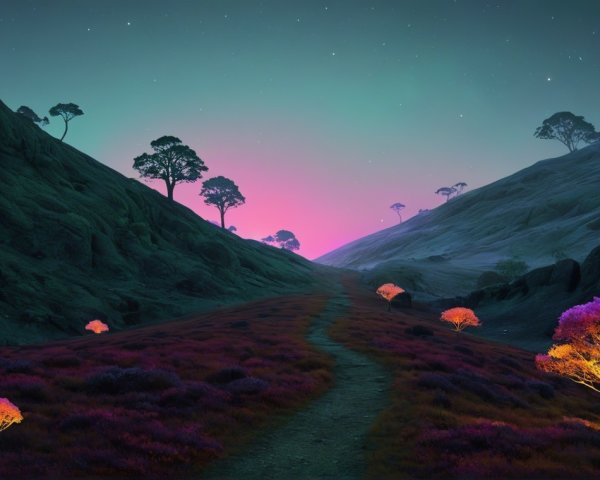 Twilight Landscape with Rolling Hills and Vibrant Foliage