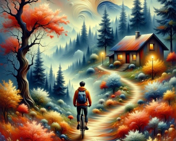 Surreal Landscape with Cyclist and Cozy Cabin