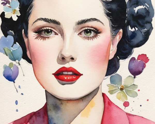 Watercolor Portrait of Young Woman with Floral Accents