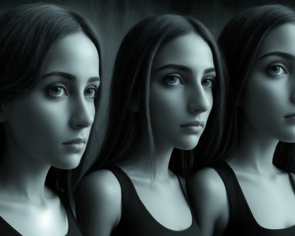 Three Monochromatic Blue Portraits of a Young Woman