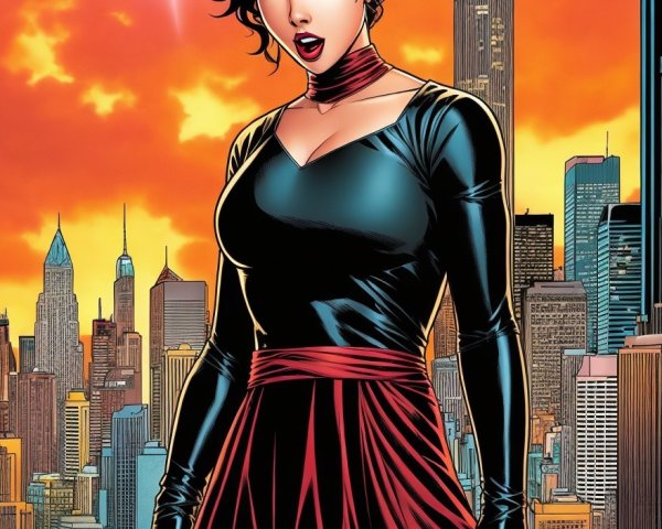 Confident Female Superhero in Urban Sunset Scene