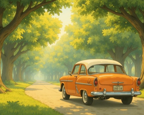 Vintage Orange Car on Sunlit Tree-Lined Path