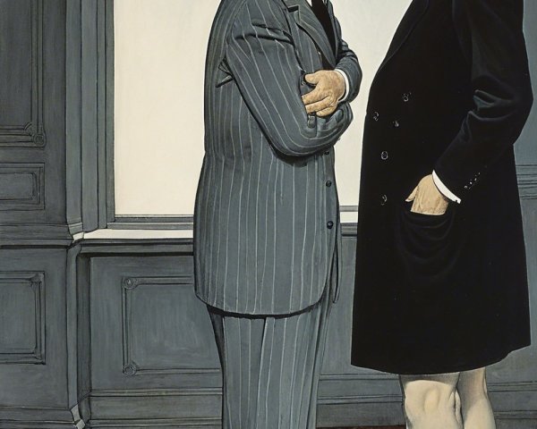 Two Men in Striped Suit and Black Overcoat Conversing