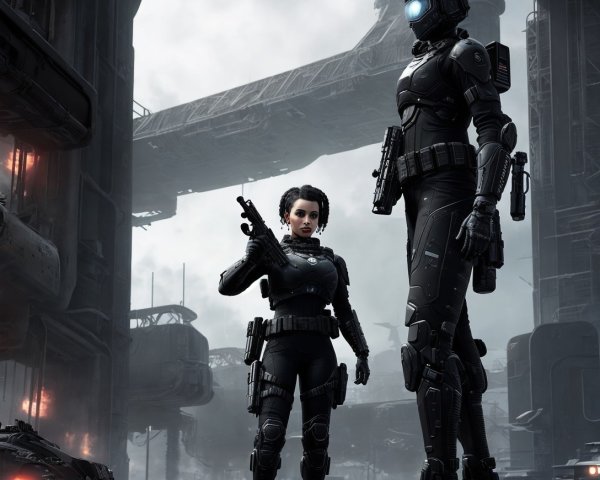 Female Soldier and Mech in Futuristic City Setting