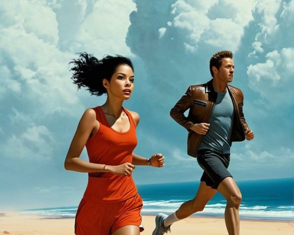Runners Sprinting Across Sandy Landscape Under Clouds
