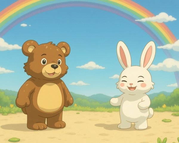 Cheerful Bear and Rabbit in Colorful Landscape Scene