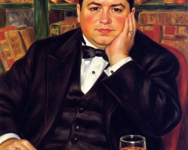 Man in Tuxedo at Table with Vintage Books and Drink