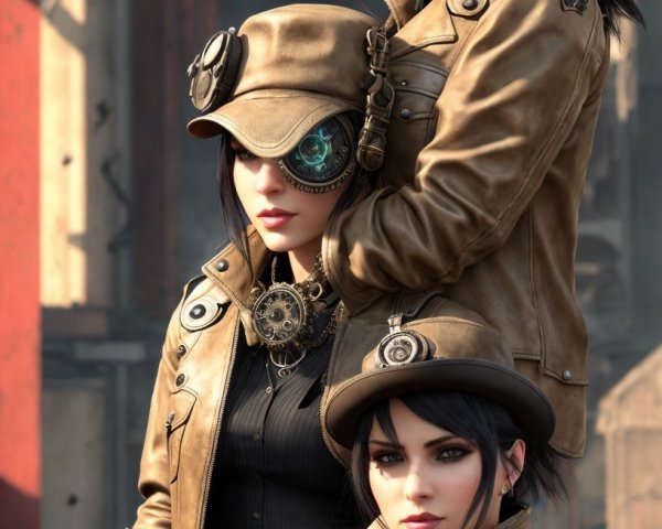 Steampunk Women in Leather Coats and Gears