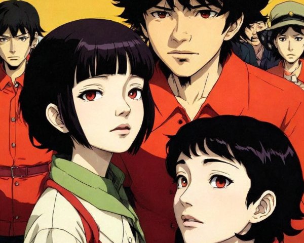 Anime Scene with Characters in Vibrant Outfits and Contrast